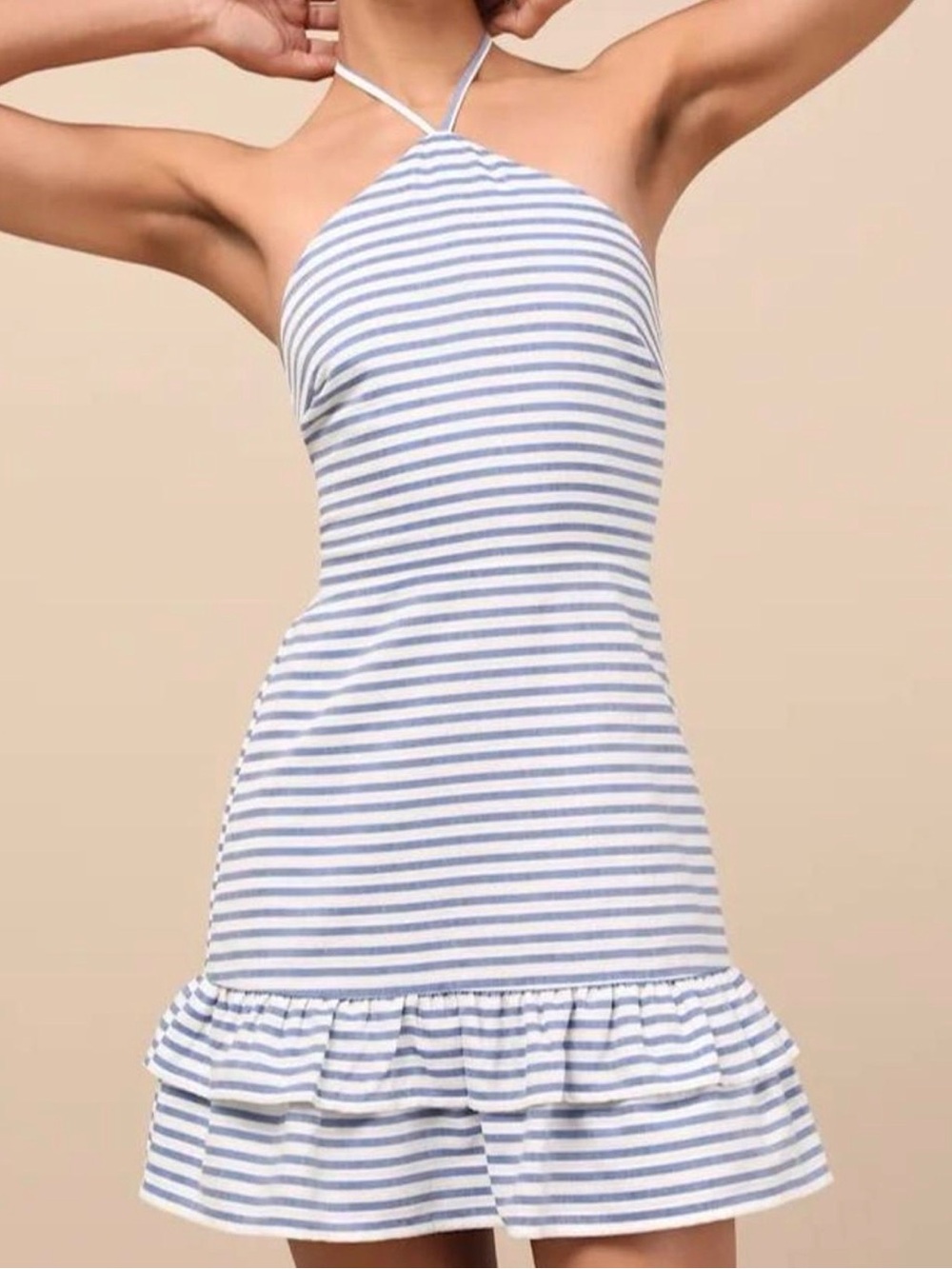 NEW WITH TAGS Lulus Striped Halter Ruffle Hem Mini Dress - Blue & White